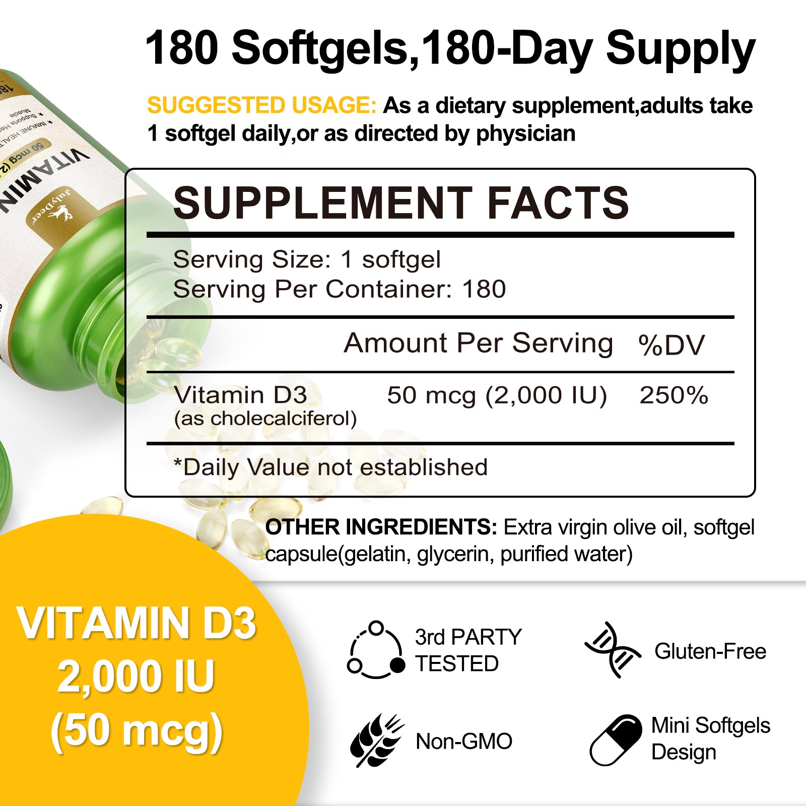 ビタミンD3 2000 IU (50 mcg) 180ソフトジェル | 免疫力、カルシウム吸収、骨の強化をサポート | 健康な骨に不可欠、非遺伝子組み換え、グルテンフリー、毎日の健康のために1日1回摂取