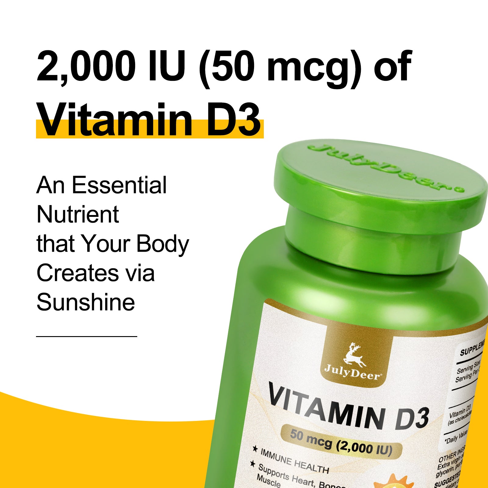 ビタミンD3 2000 IU (50 mcg) 180ソフトジェル | 免疫力、カルシウム吸収、骨の強化をサポート | 健康な骨に不可欠、非遺伝子組み換え、グルテンフリー、毎日の健康のために1日1回摂取