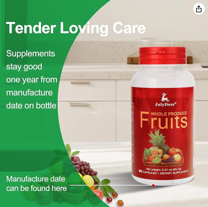 JulyDeer Fruit Supplement – 90 Total Vegetarian Capsules | Balance of Natural 16 Whole Fruits Blend | Fresh Superfood Formula with Vitamins and Minerals
