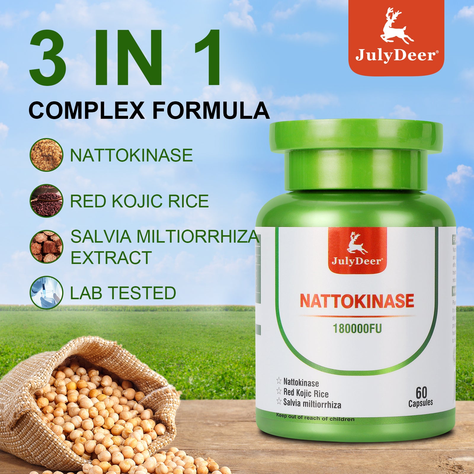 JulyDeer Nattokinase Supplement 180,000 FU Servings - Non-GMO Soy, 60 Capsules Systemic Enzymes for Cardiovascular and Circulatory Support