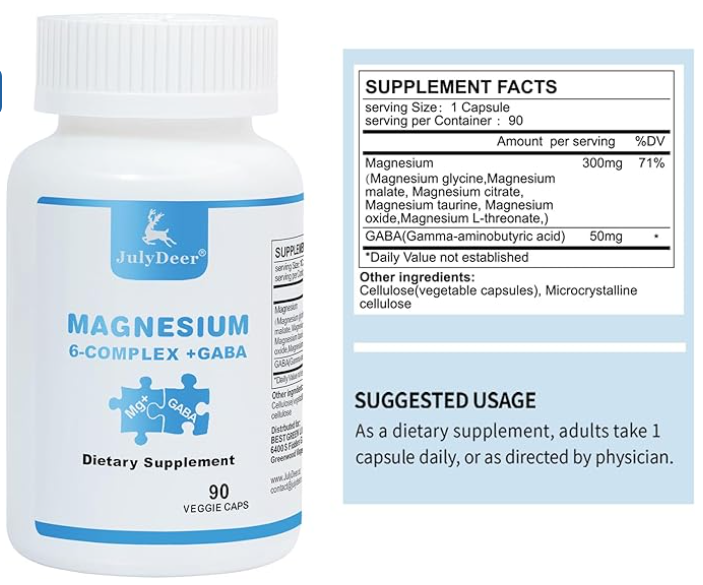 JulyDeer Sixfold Magnesium Complex | 350mg of Magnesium Glycinate, Malate, Citrate, Taurine, Oxide, L-threonate for Muscles,Nerves,& Energy, GABA Sleep Support | High Absorption | Vegan | 90 Capsules