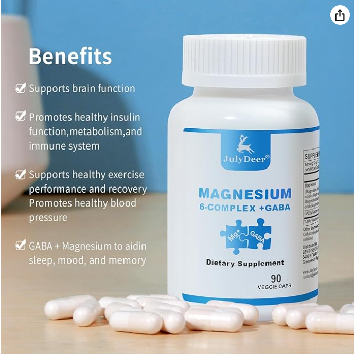 JulyDeer Sixfold Magnesium Complex | 350mg of Magnesium Glycinate, Malate, Citrate, Taurine, Oxide, L-threonate for Muscles,Nerves,& Energy, GABA Sleep Support | High Absorption | Vegan | 90 Capsules