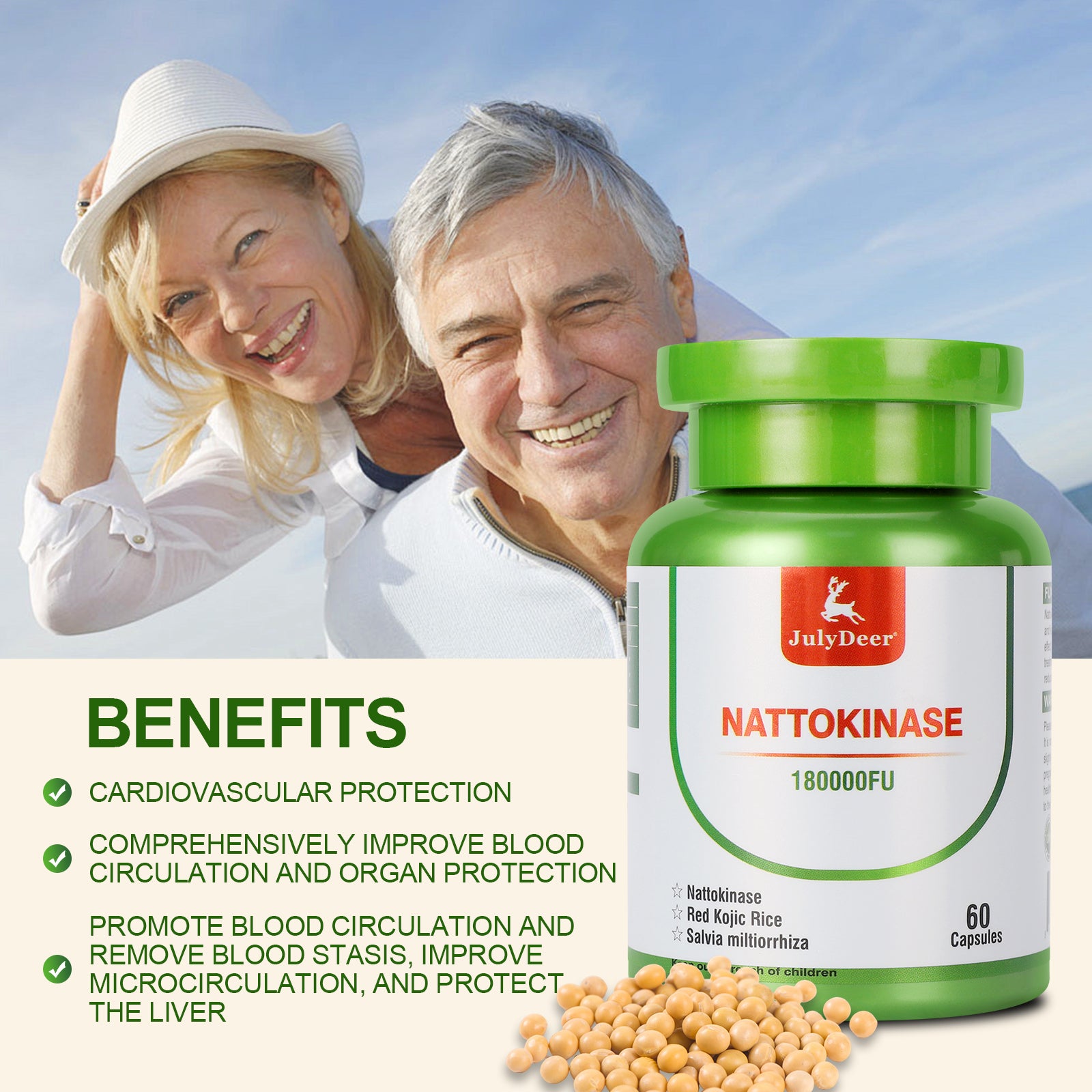 JulyDeer Nattokinase Supplement 180,000 FU Servings - Non-GMO Soy, 60 Capsules Systemic Enzymes for Cardiovascular and Circulatory Support