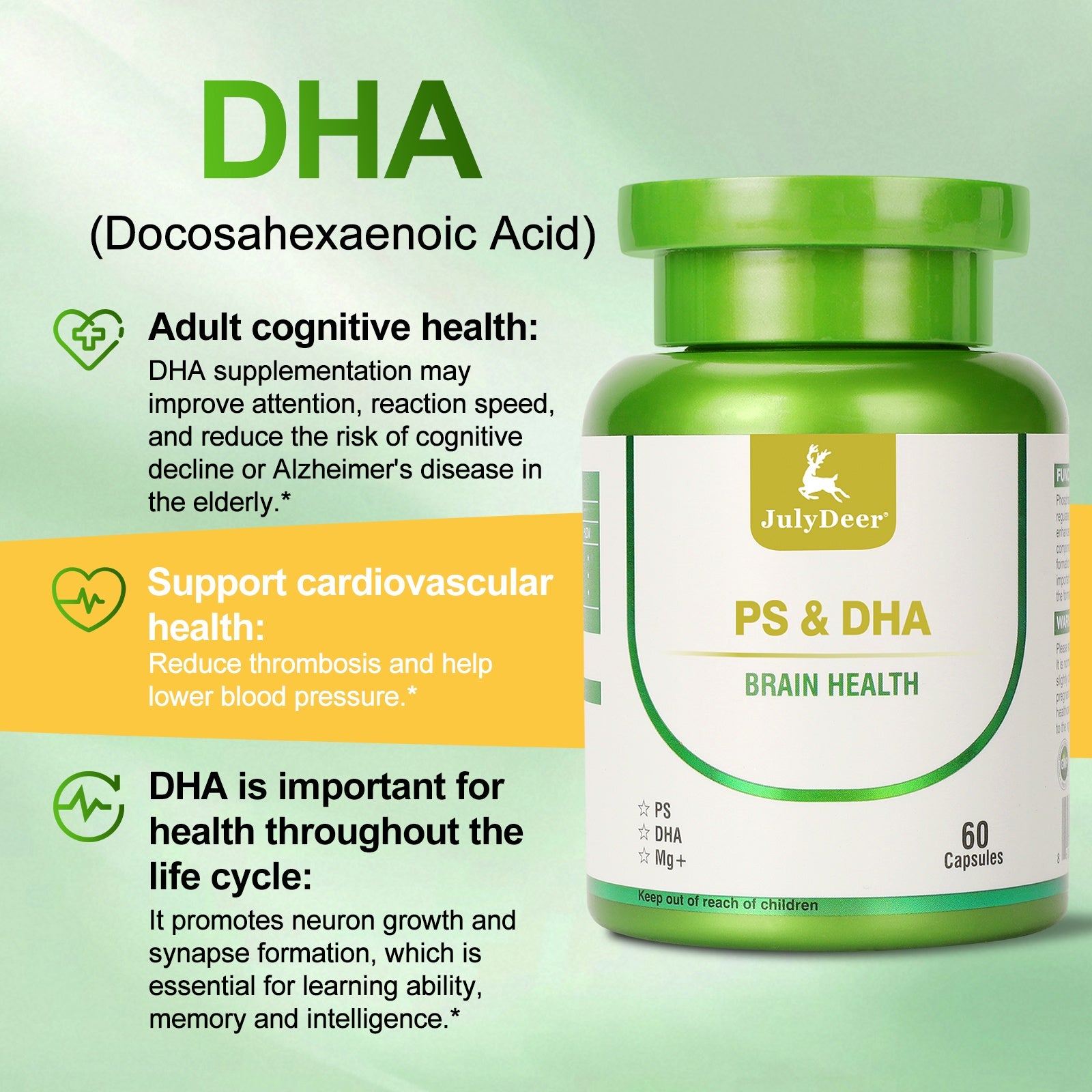 JulyDeer Phosphatidylserine - 40mg, DHA - 100mg, Magnesium - 100mg 60 Softgels for The Elderly Kids Brain Health and Cognitive Support Supplements - Improve Brain Function Phosphatidylserine with DHA