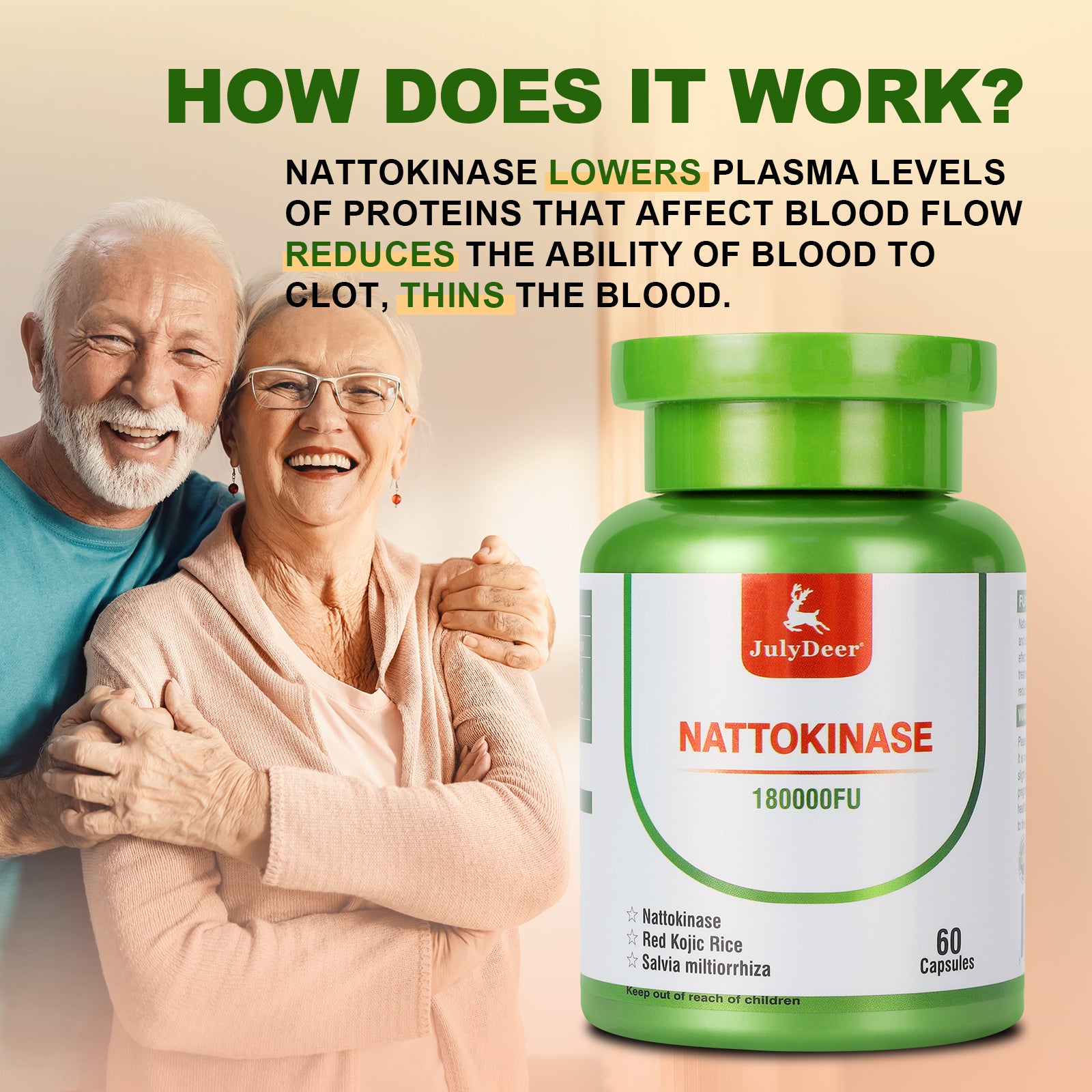 JulyDeer Nattokinase Supplement 180,000 FU Servings - Non-GMO Soy, 60 Capsules Systemic Enzymes for Cardiovascular and Circulatory Support