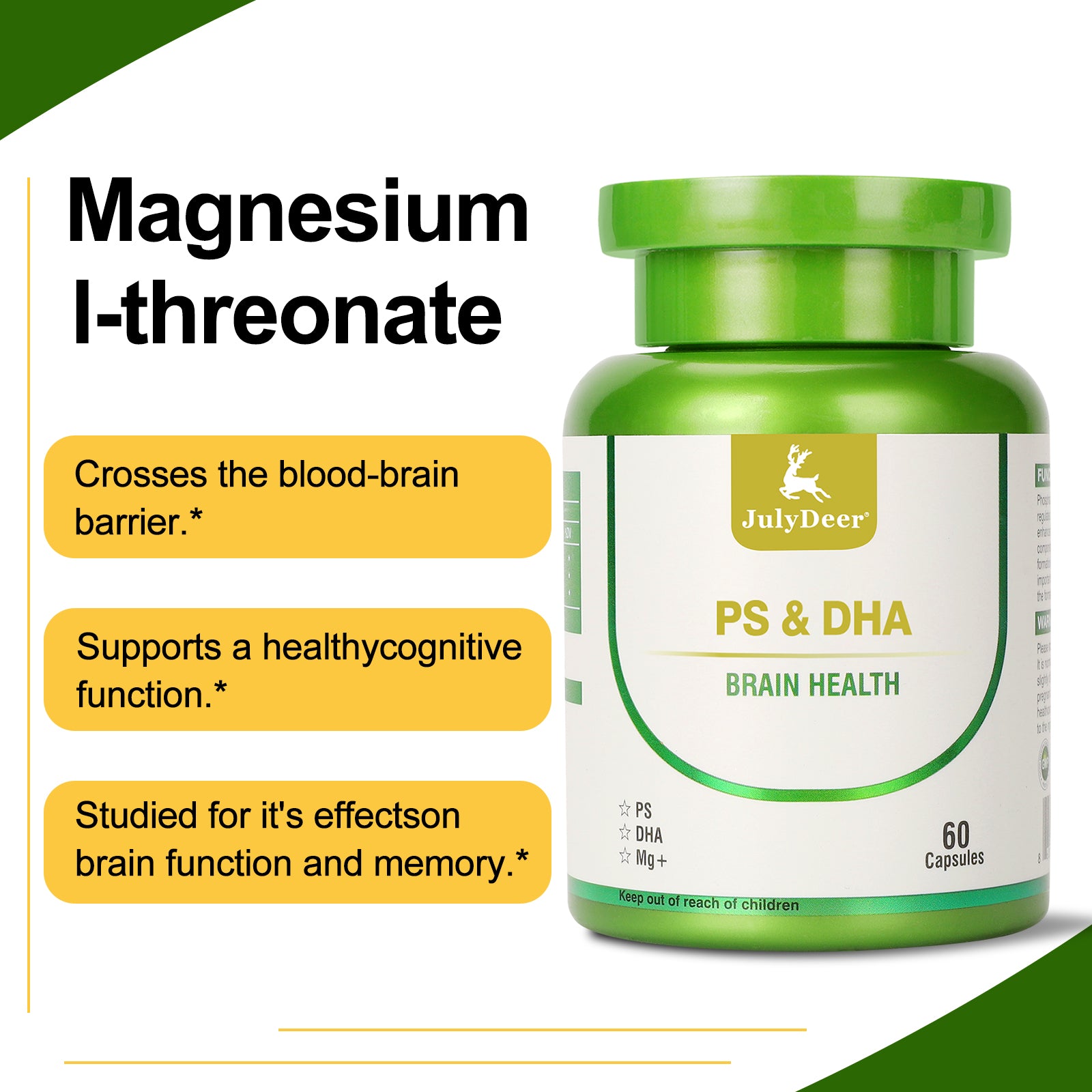 JulyDeer Phosphatidylserine - 40mg, DHA - 100mg, Magnesium - 100mg 60 Softgels for The Elderly Kids Brain Health and Cognitive Support Supplements - Improve Brain Function Phosphatidylserine with DHA