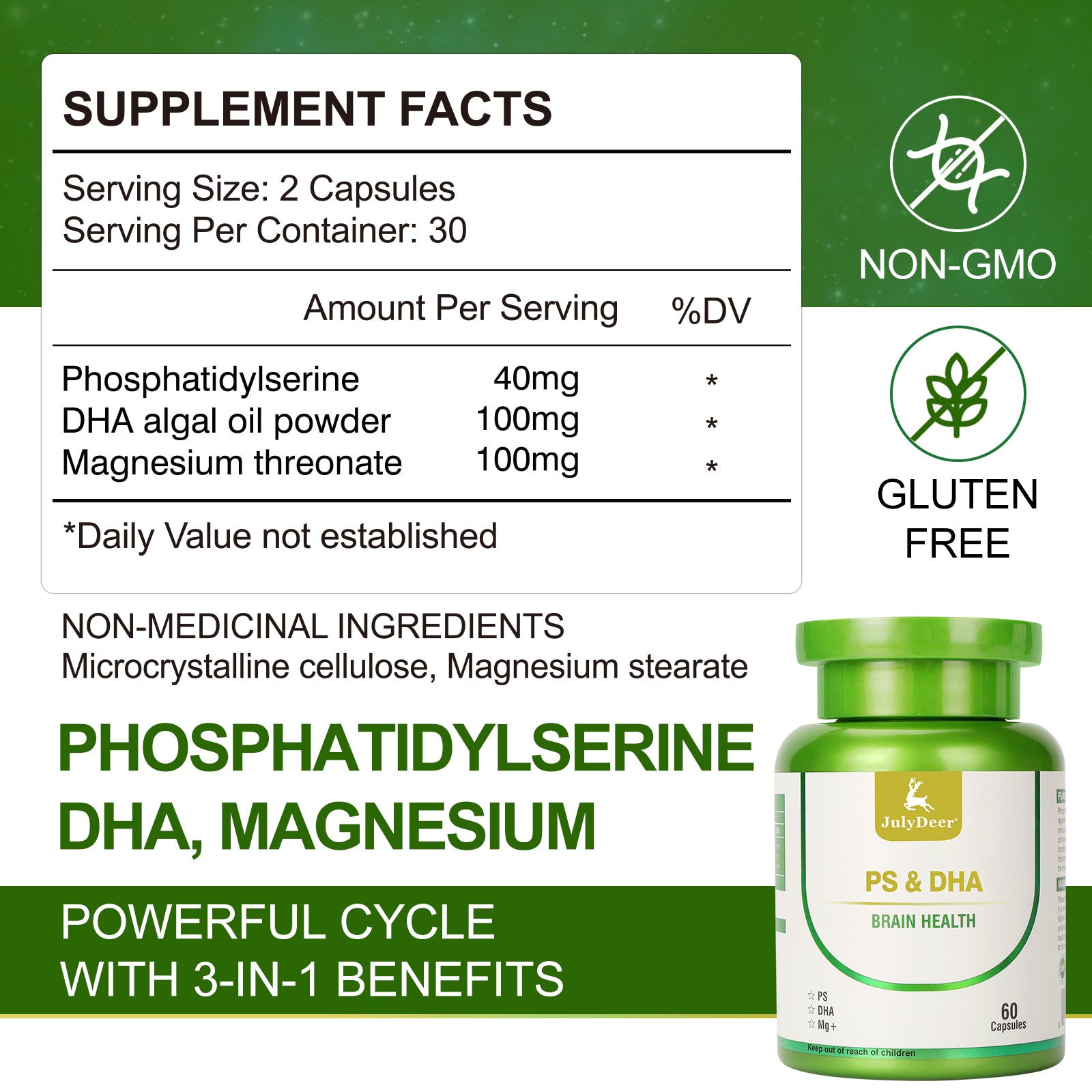 JulyDeer Phosphatidylserine - 40mg, DHA - 100mg, Magnesium - 100mg 60 Softgels for The Elderly Kids Brain Health and Cognitive Support Supplements - Improve Brain Function Phosphatidylserine with DHA