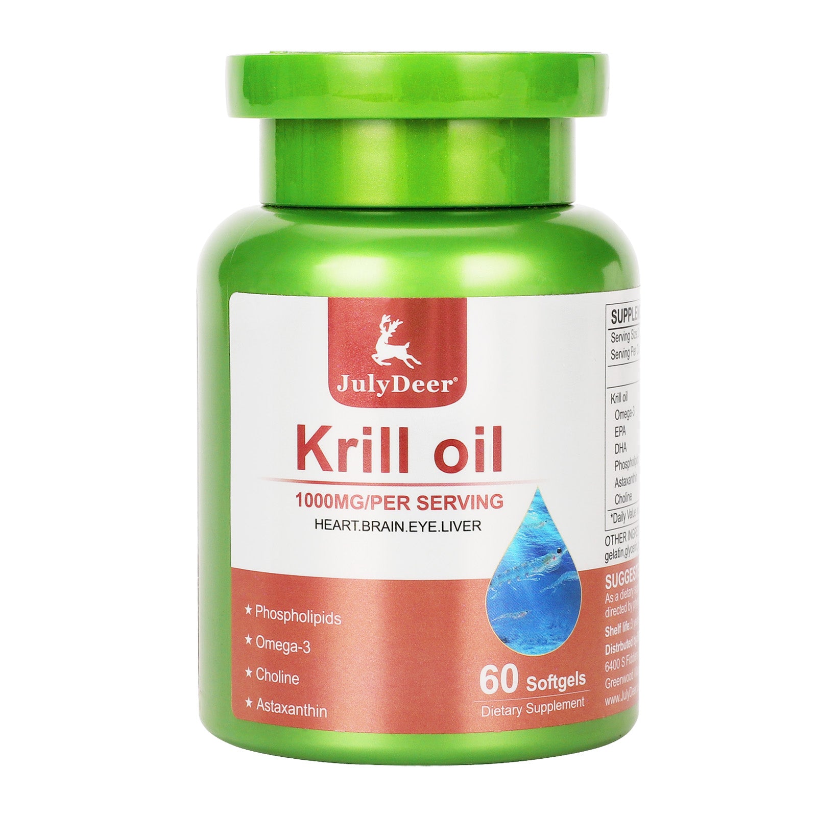 Antarctic Krill Oil 1000 mg with Omega-3s EPA, DHA, Astaxanthin and Phospholipids 60 Softgels Supplement No Fishy Aftertaste for Joint, Heart, Brain and Immunity